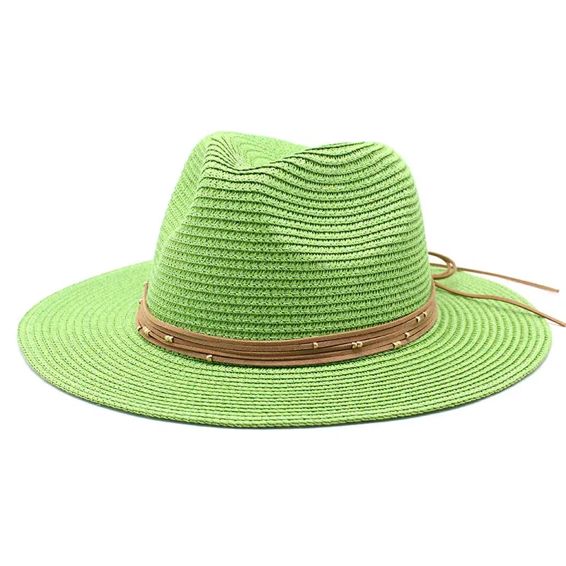 Color: green, Size: L - Big Size 60CM New Straw Hat 7cm Brim Summer Cooling Beach Sun Hat Outdoor Party Panama Jazz Hat Sombreros De Mujer