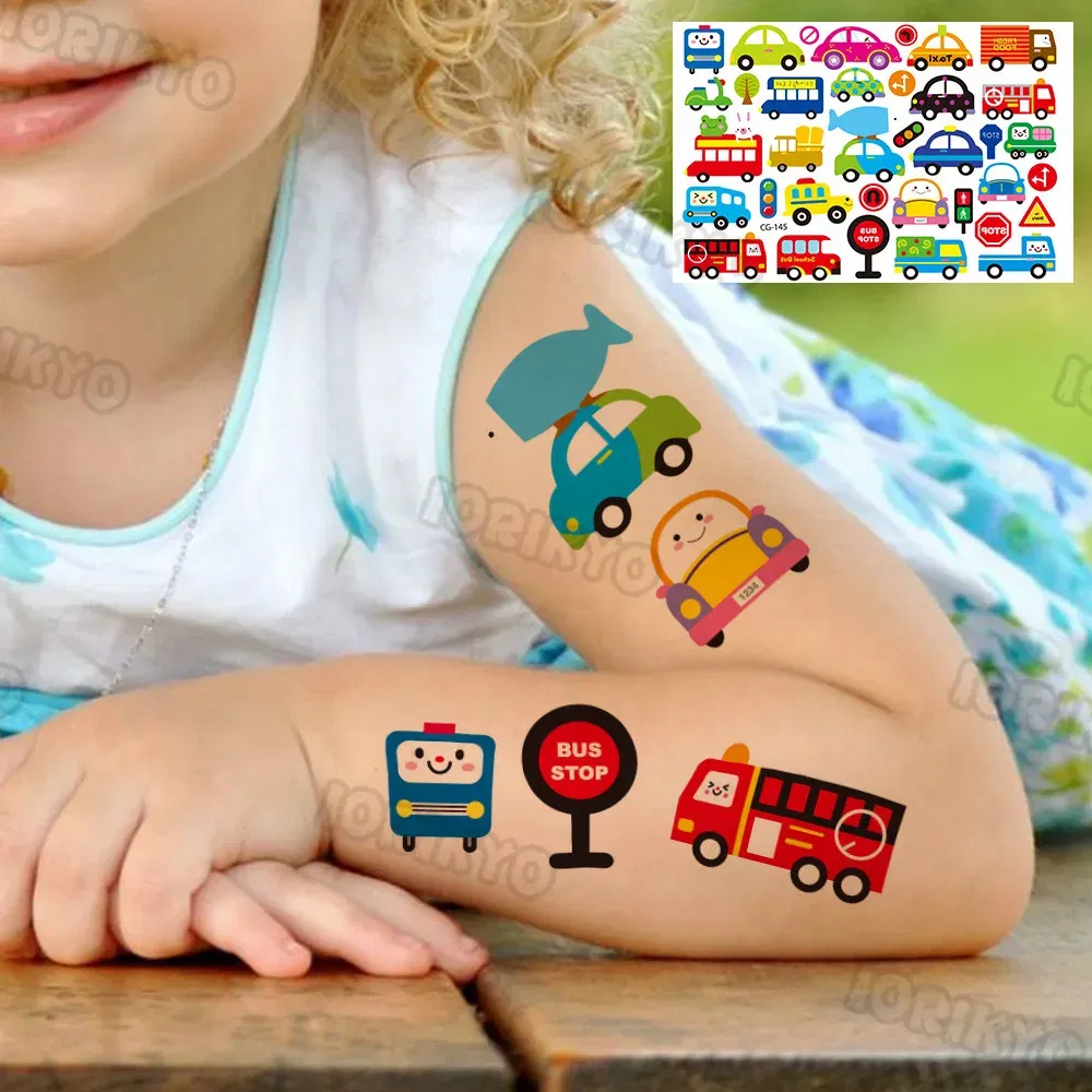 Color: Mixed Color - Cute Small Bus Car Temporary Tattoos For Kids Boys Girls Baby Child Cute Dinosaur Tattoo Sticker Funny Fake Star Tatoo Face Hand