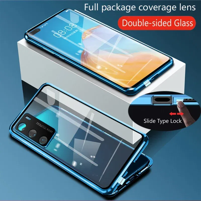 Color: Blue, Material: PP - Double Sided Glass Magnetic Metal Snap Lock Phone Case For Honor Magic 4 5 Ultimate 6 Lite 7 Pro Lens Protection Cover Cases