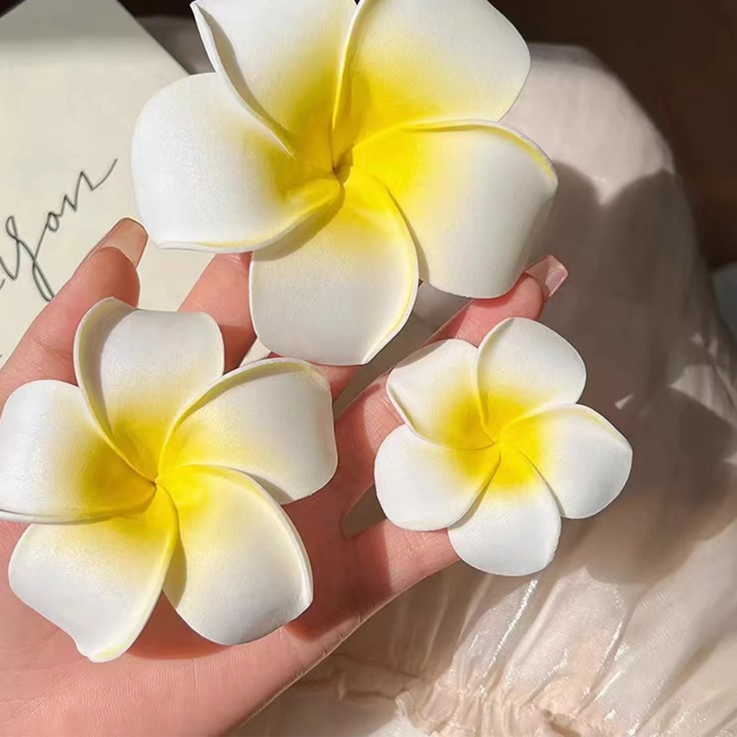 Color: GRAY - 5.5/7/8/9cm Plumeria Flower Hair Clips For Girls Women Hairpins Egg Flower Barrette Hawaiian Wedding Artificial Headwear