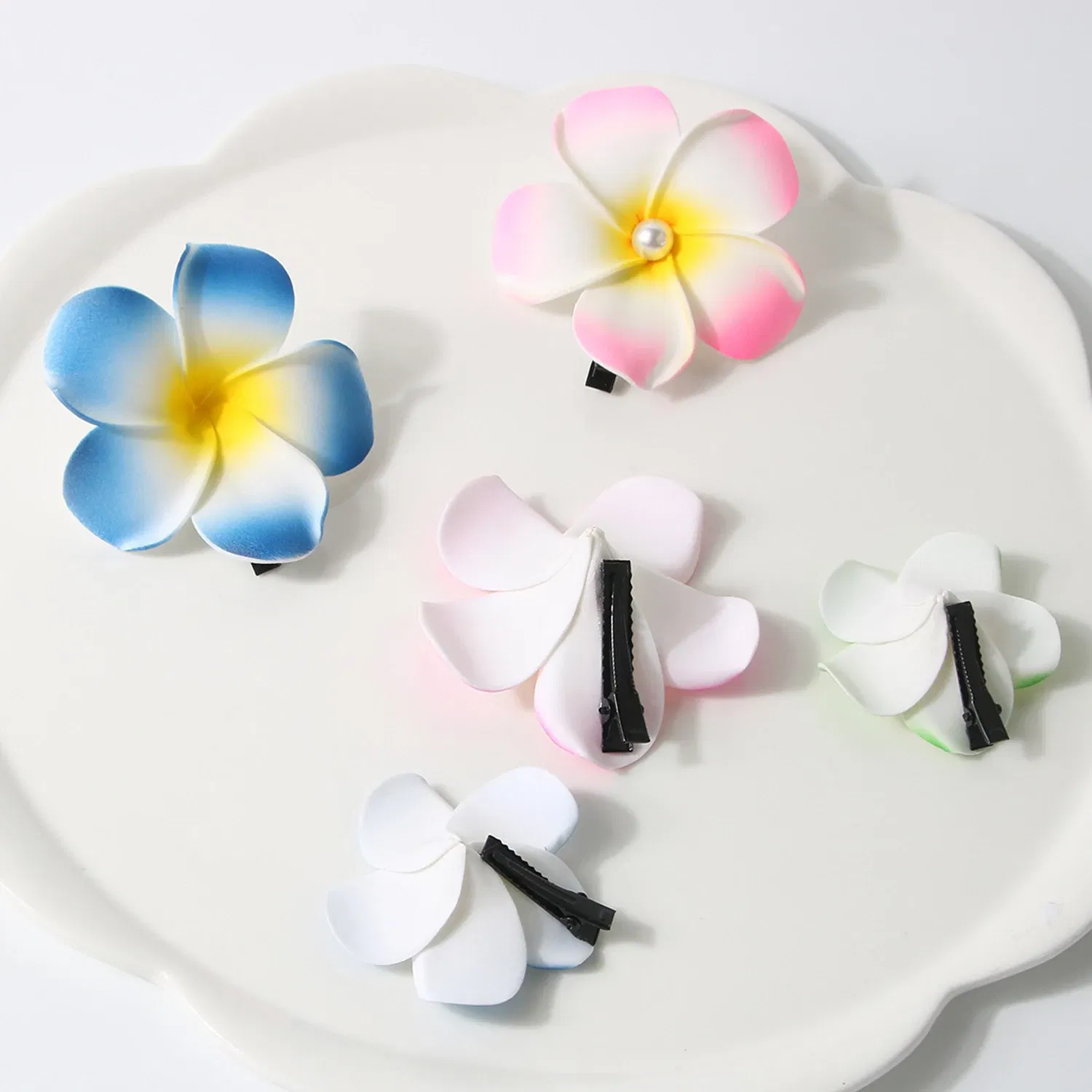 Color: GRAY - 5.5/7/8/9cm Plumeria Flower Hair Clips For Girls Women Hairpins Egg Flower Barrette Hawaiian Wedding Artificial Headwear