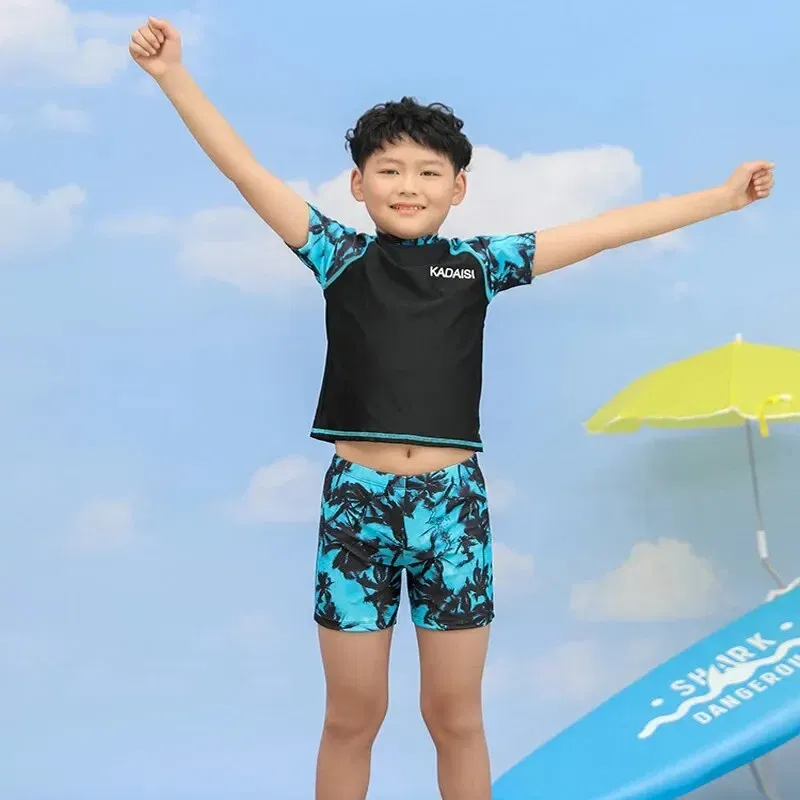 Size: 5T, Color: Blue - Summer Children's Two-piece Polyester Medium Children's Short-sleeved Young Boys Western Style Hot Spring Swimsuit