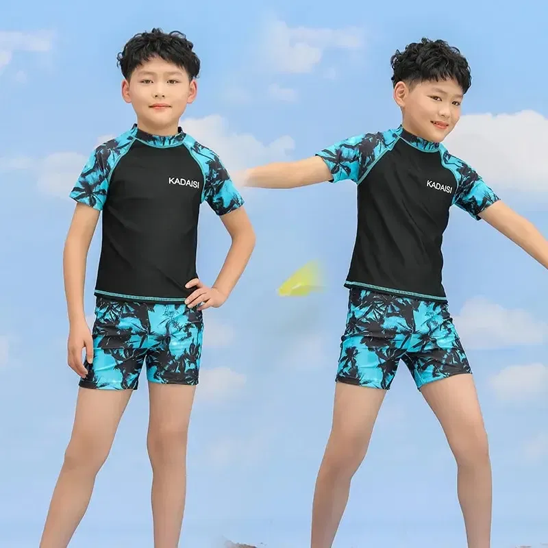 Size: 5T, Color: Blue - Summer Children's Two-piece Polyester Medium Children's Short-sleeved Young Boys Western Style Hot Spring Swimsuit