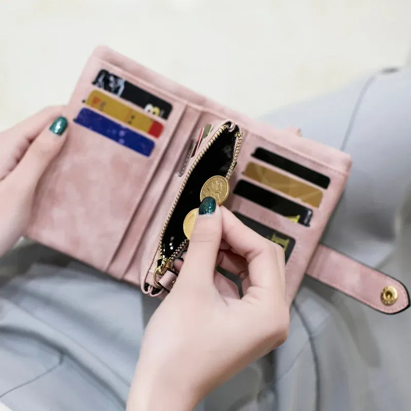 Color: PURPLE - MIYIN 2024 New Wallet Women's Short Korean Cute Buckle Double Discount Multi Card Change Handbag