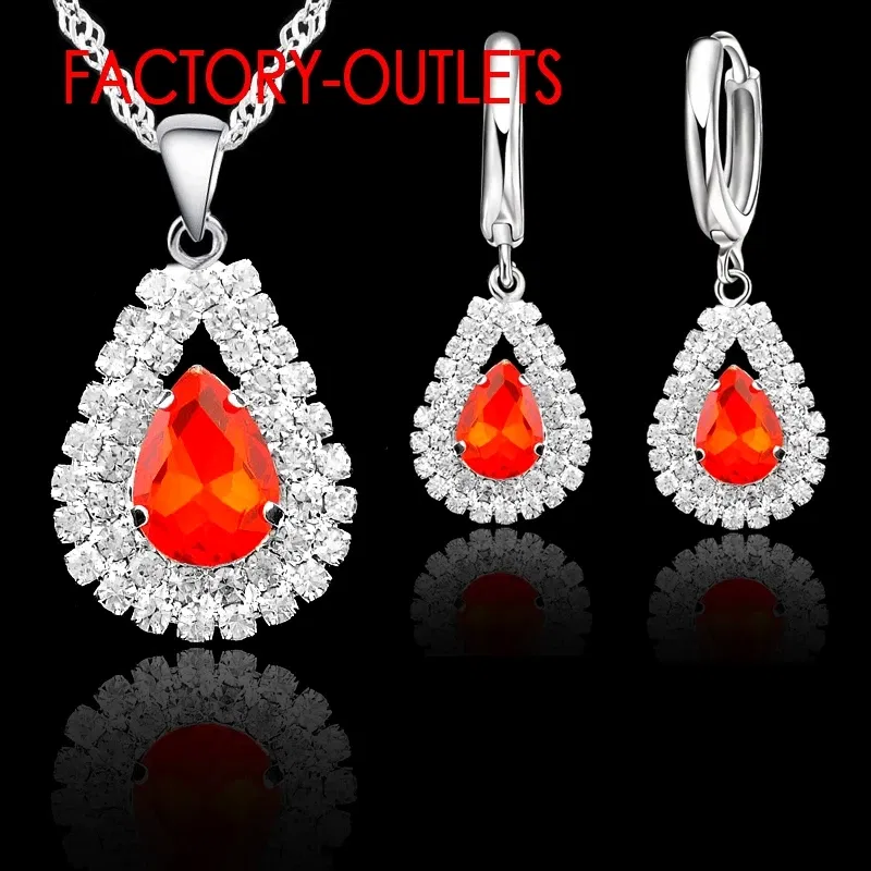 Metal color: Gold-color - Hot Sale 925 Silver Needle Bridal Jewelry Sets Austrian Crystal Water Drop Necklaces Hoop Earrings Women Party Engagement