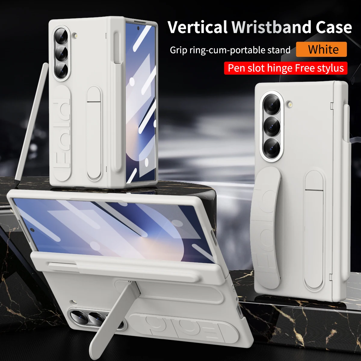 Color: Brown, Material: aluminum - Touch Pen Case For Samsung Galaxy Z Fold 6 5 4 3 Skin Friendly Folding Hinge with Elastic Wrist Band Screen Tempered Film Cover