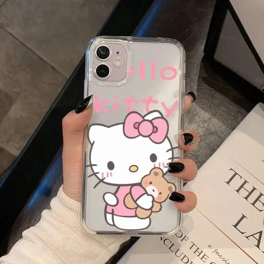 Color: Brown, Material: leather - Miniso Sanrio Collaboration Hello Kitty Phone Case For iPhone 15 14 13 11 12 16 Pro Max Plus X XR XS Girl Silicone Phone Case