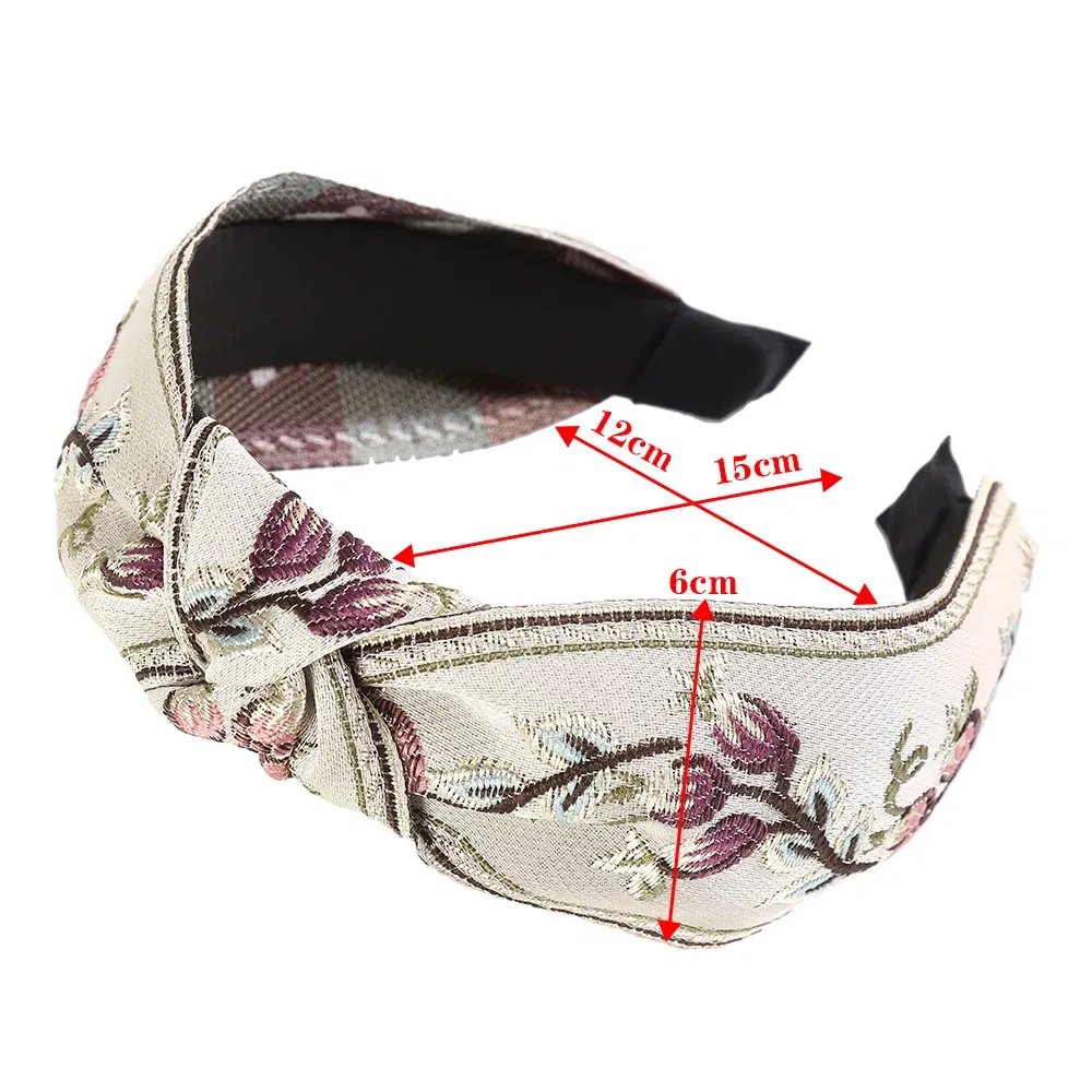 Color: Burgundy - MOLANS New Retro Knotted Headband For Women Hair Accessories Girls Flower Embroidery Hairbands Hair Hoops Band Headwear Bezel