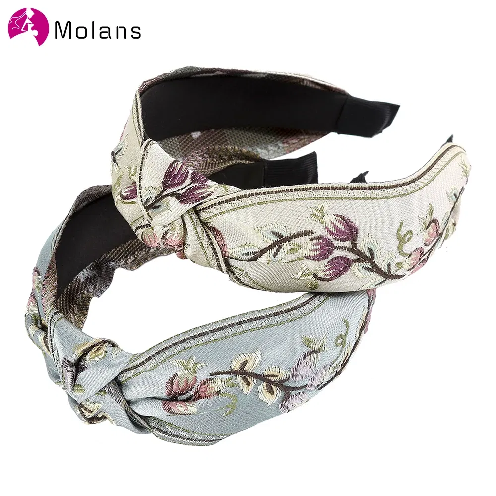 Color: Burgundy - MOLANS New Retro Knotted Headband For Women Hair Accessories Girls Flower Embroidery Hairbands Hair Hoops Band Headwear Bezel