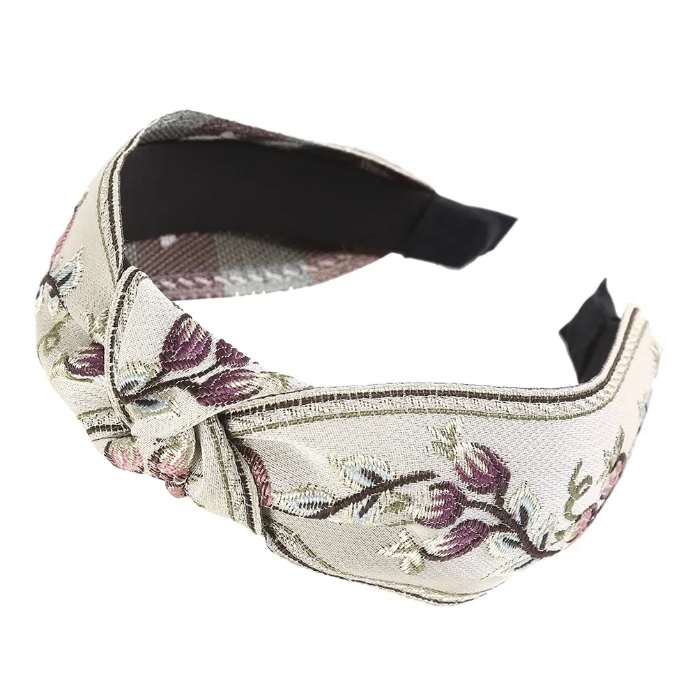 Color: Burgundy - MOLANS New Retro Knotted Headband For Women Hair Accessories Girls Flower Embroidery Hairbands Hair Hoops Band Headwear Bezel