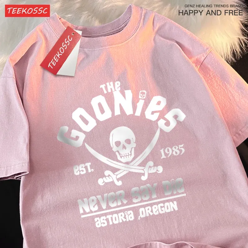 Color: Pink, Size: S - The Goonies Never Say Die T Shirts Men Women Comfortable Crewneck Tshirt Breathable Cotton T Shirts Street Loose Couple Clothing