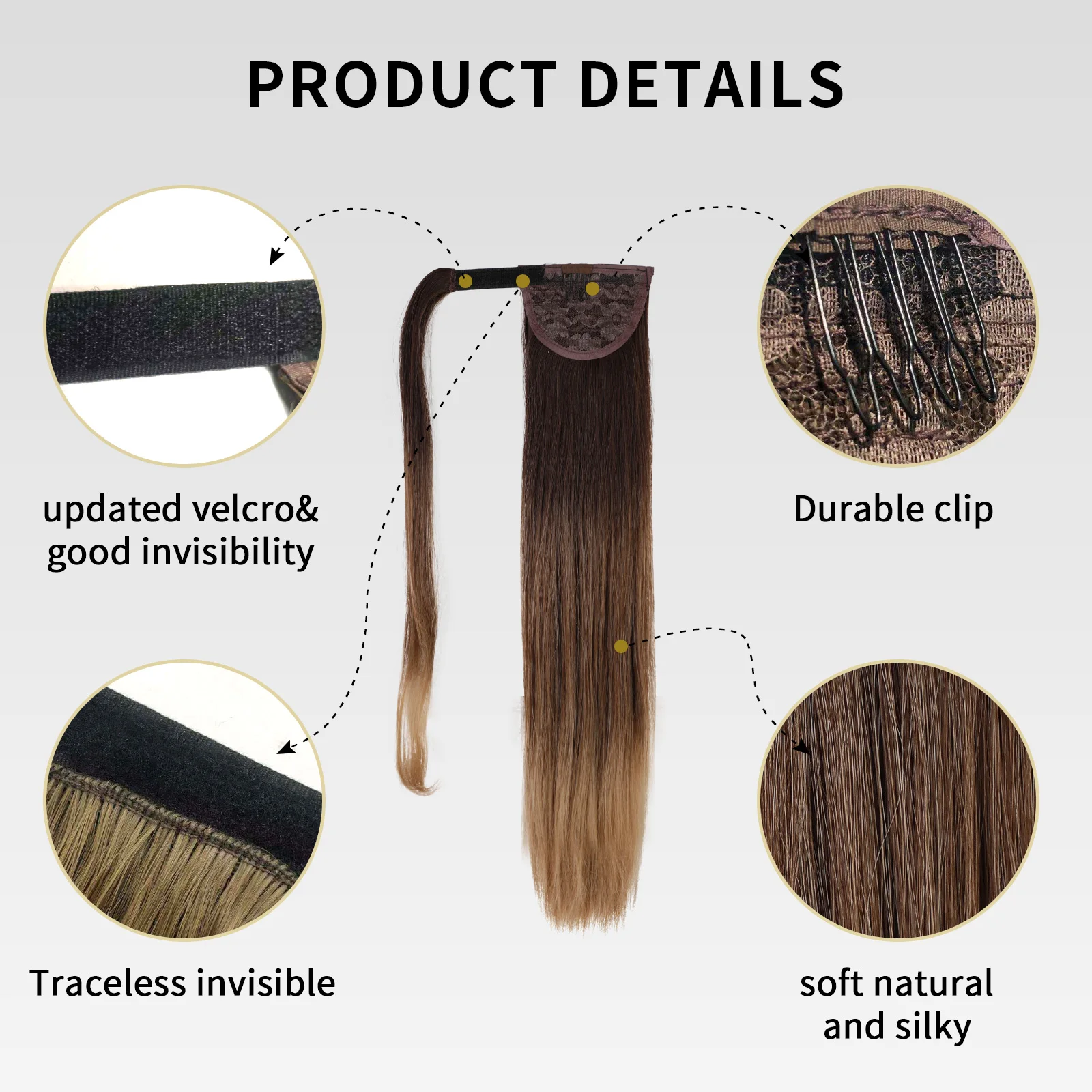 Color: T1B/613 - Synthetic Hair Chip-in Hair Extension Pony Tail Wig Heat-Resistant Straight Hair With Ponytail Wig 20Inch Long Black Brown Ombr3