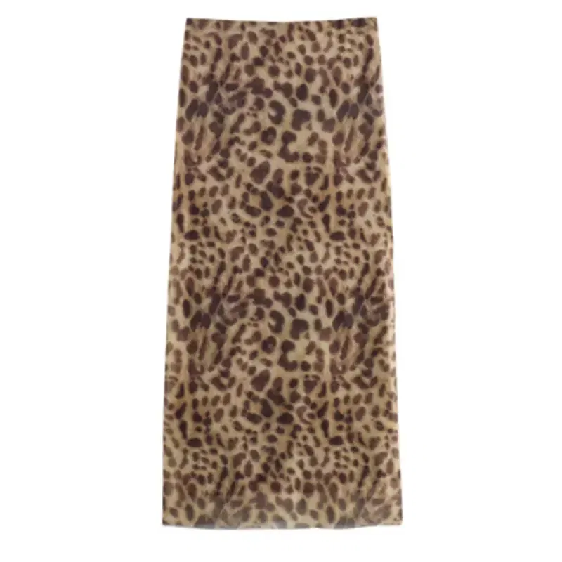 Color: camel, Size: S - Women Leopard Tulle Midi Skirt 2024 Summer Fashion High Waist Elasticated Waistband Long Skirts Streetwear