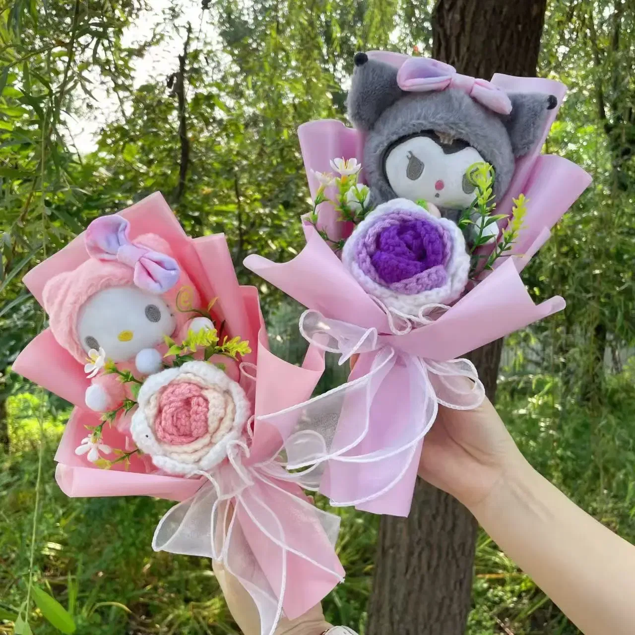 Color: light green - Kawaii Hello Kitty Cat Dolls With Artificial Flowers Creative Bouquet Christmas Valentine Birthday Graduation Gifts