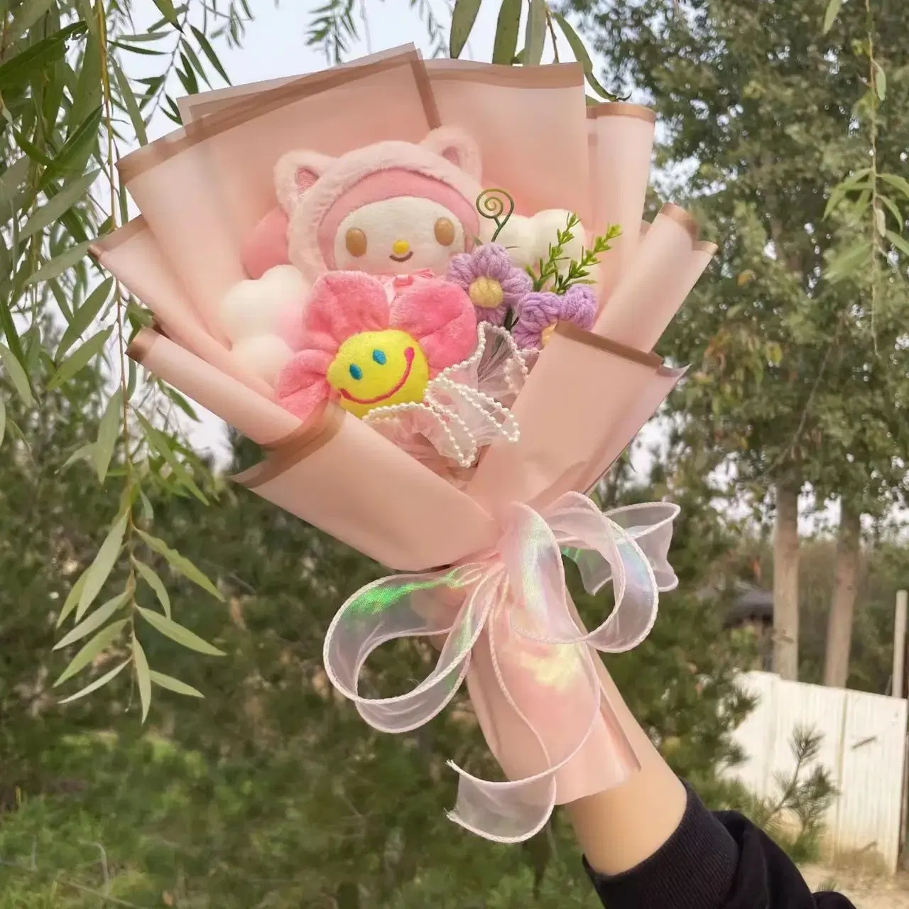 Color: light green - Kawaii Hello Kitty Cat Dolls With Artificial Flowers Creative Bouquet Christmas Valentine Birthday Graduation Gifts