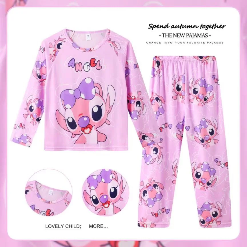 Color: SKY BLUE, Kid Size: 11 - 2pcs/set New Disney Stitch Children Pyjamas for Boys and Girls Sets Kid Minnie Home Wear Travel Casual Sleepwear Suit Cute Gift