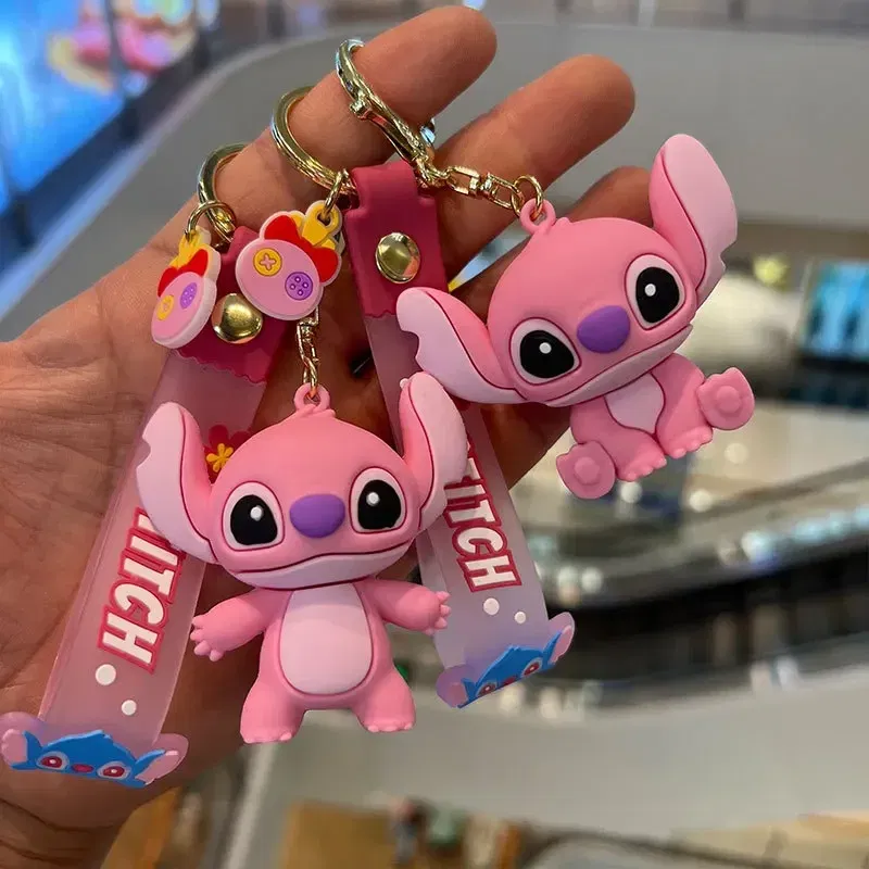 Color: GRAY - Cartoon Disney Lilo & Stitch Silicone Pendant Keychain for Women Men Fans Lovely Pink Blue Purple Stitch Angel Keyring Gifts