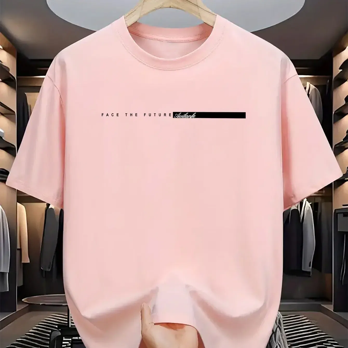 Color: Pink, Size: L - Summer men's 100% cotton casual loose fit large letter print round neck short sleeved T-shirt top High Street Unisex style