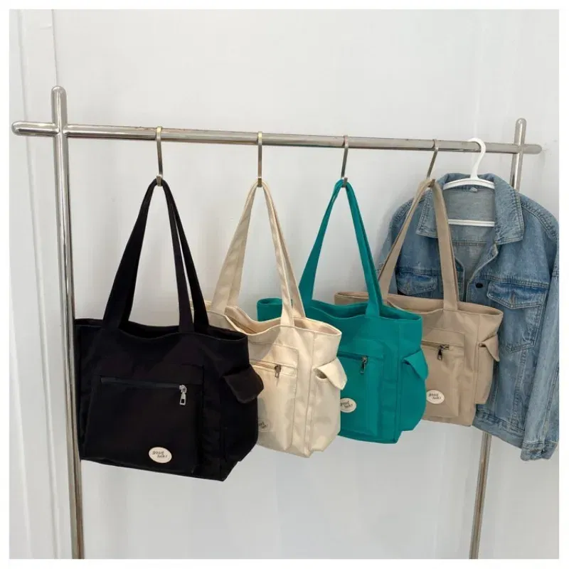 Color: Khaki - Women's Fashion Shoulder Bag Class Large Capacity Student Tote Bag New Canvas Commuter Handbag Carrying Bags cabas eco bag