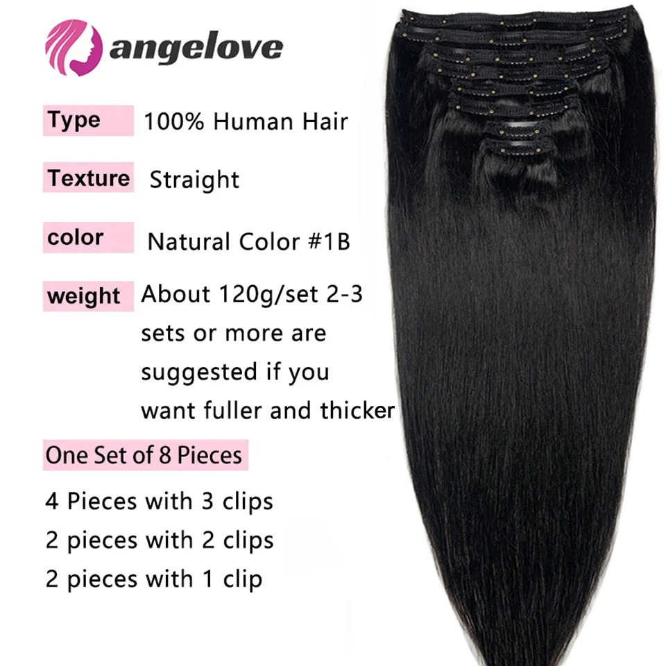 Color: Pink, Stretched Length: 20inches, Life Span: 6 Months With Proper Care, Weight Per Package: 200g/Set - Straight Clip In Hair Extension Human Hair 120g/Set Straight Clip In Extension Full Head Brazilian Clip Hair Extension for Women