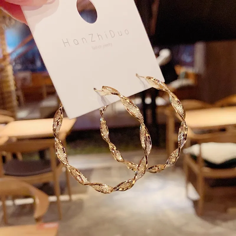 Metal Color: Gold-color - Exaggerated Spiral Wave Hoop Earrings for Women Simple Personality Frosted Metal Huggie Jewelry Brincos Christmas Day Girl Gift