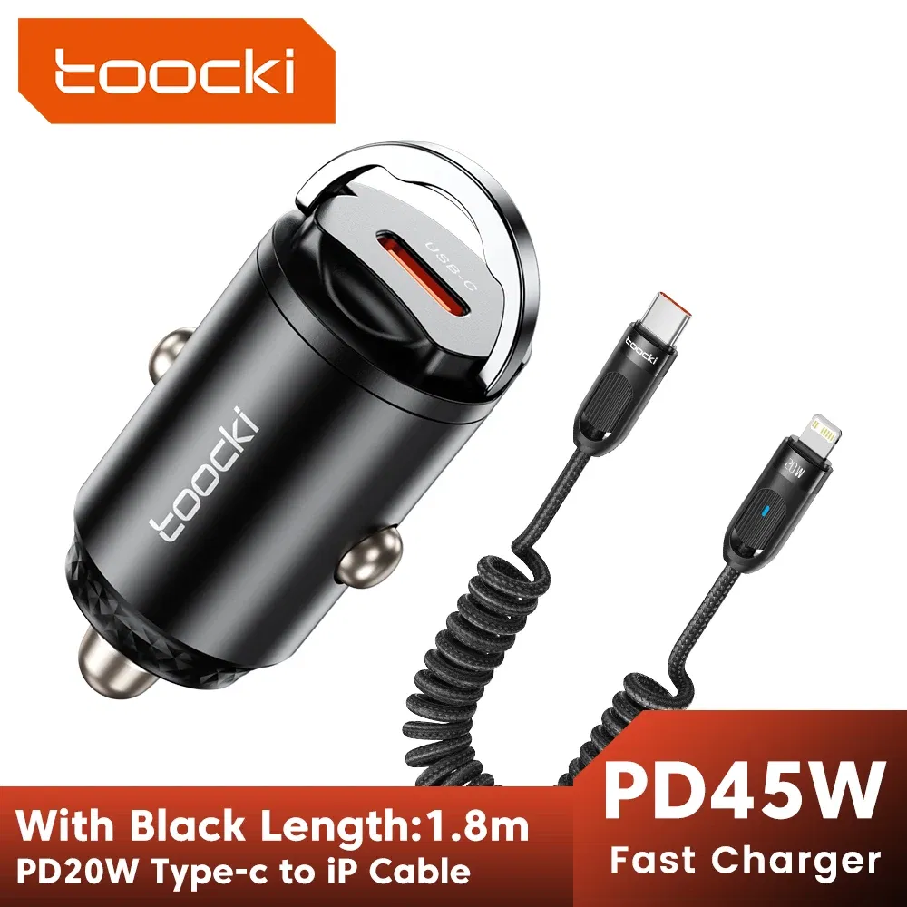 Color Name: WHITE - Toocki Mini PD 45W Car Charger Pull Ring Fast Charging USB C Phone Charger Adapter For iPhone 14 13 Pro Xiaomi Samsung Huawei