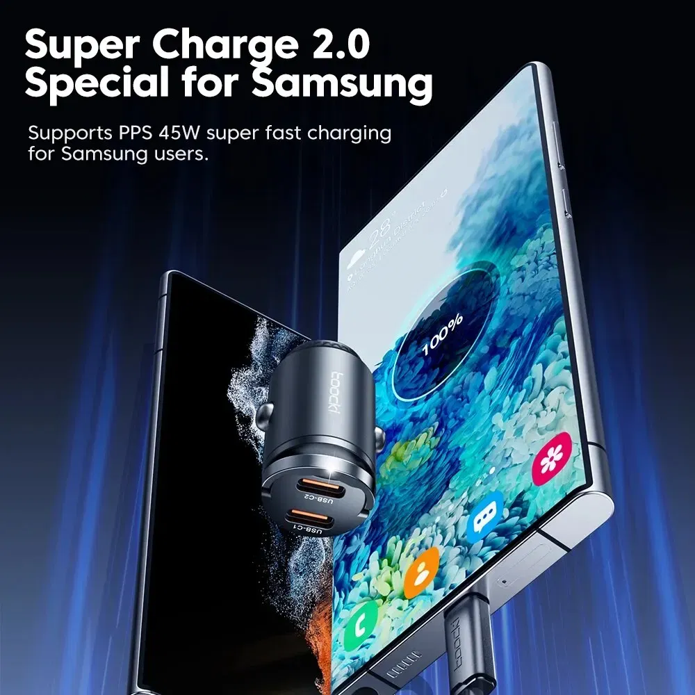 Color Name: WHITE - Toocki Mini PD 45W Car Charger Pull Ring Fast Charging USB C Phone Charger Adapter For iPhone 14 13 Pro Xiaomi Samsung Huawei