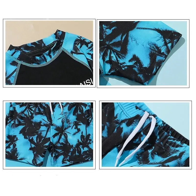 Size: 3T, Color: Blue - Summer Children's Two-piece Polyester Medium Children's Short-sleeved Young Boys Western Style Hot Spring Swimsuit