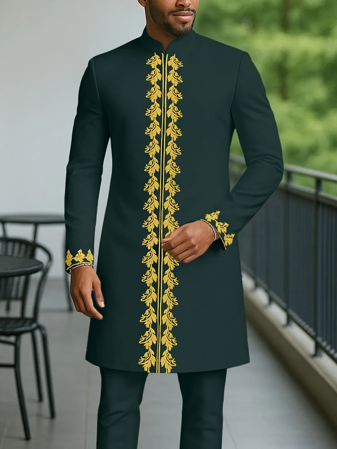 Color: green, Size: 4XL - New Men's Tenos Wedding 2-Piece Suit Waist Pants Shirt Solid Color Panel Long Sleeve Party African Ethnic Style Clothing (M-4XL)