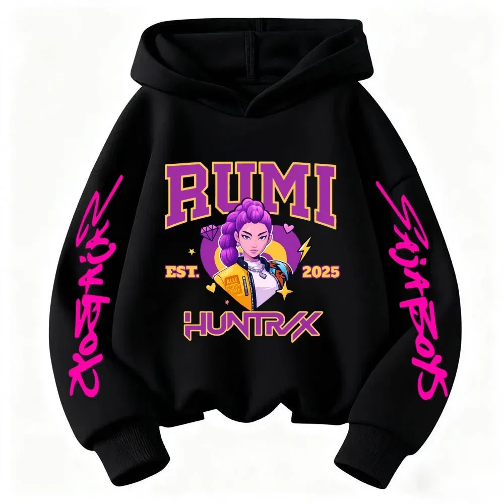 Color: Pink, Kid Size: 6 - 2025 KPop Devil Hunter Cartoon Girl Boy Hooded Sweatshirt Kawaii Children's Korean Wave Casual Fashion Top