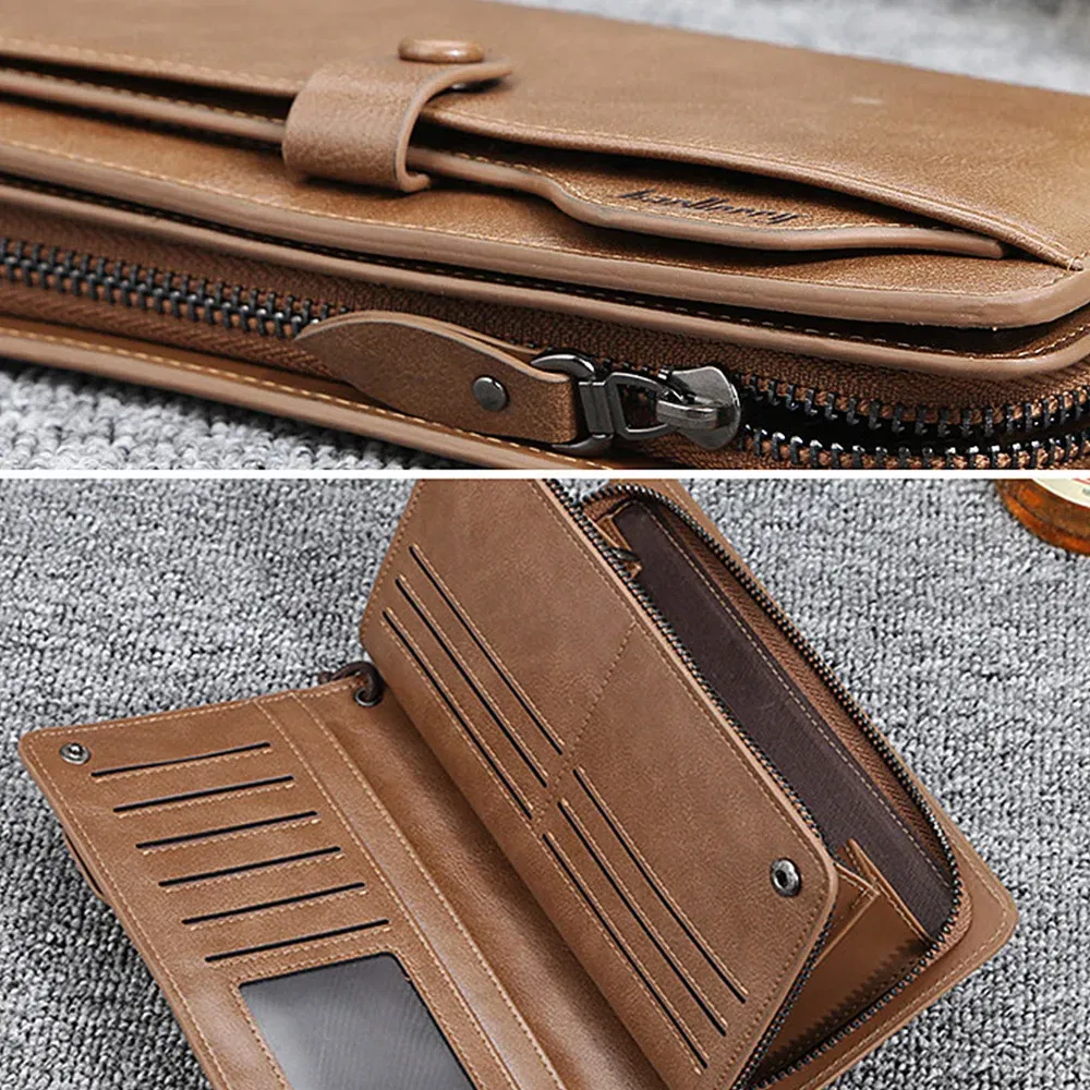 Color: Brown - 2024 Baellerry Men Long Fashion Wallets Desigh Zipper Card Holder Leather Purse Solid Coin Pocket High Quality Male Purse