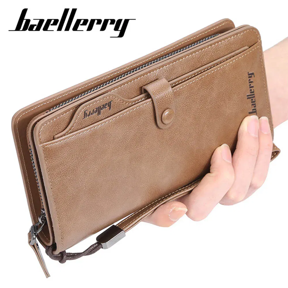Color: Brown - 2024 Baellerry Men Long Fashion Wallets Desigh Zipper Card Holder Leather Purse Solid Coin Pocket High Quality Male Purse