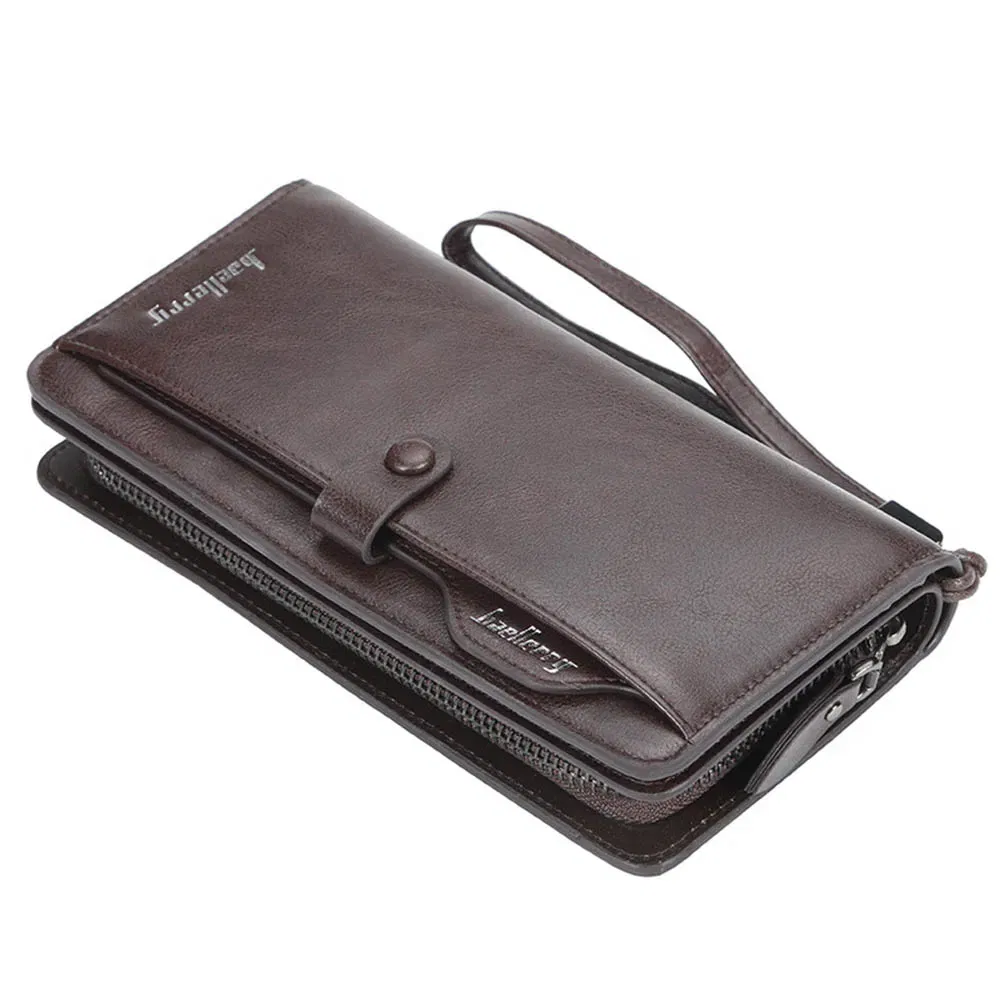 Color: Brown - 2024 Baellerry Men Long Fashion Wallets Desigh Zipper Card Holder Leather Purse Solid Coin Pocket High Quality Male Purse