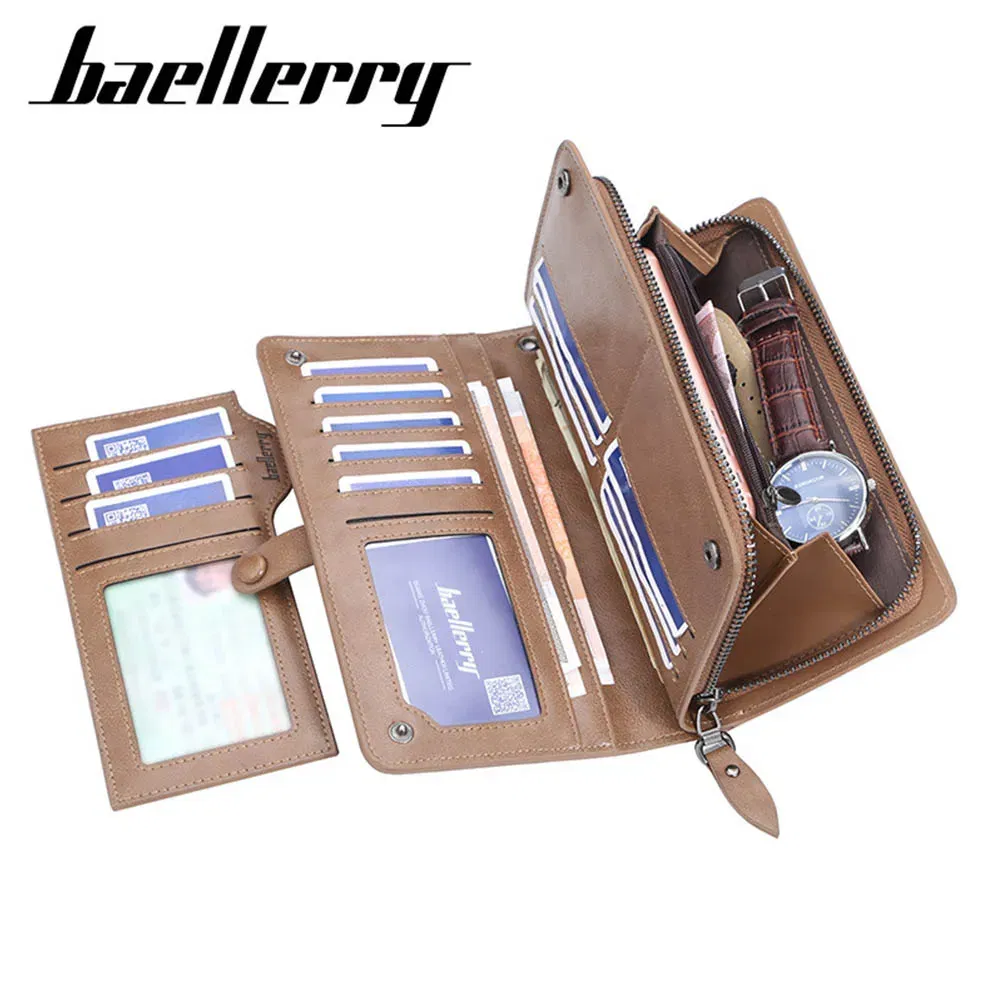 Color: Brown - 2024 Baellerry Men Long Fashion Wallets Desigh Zipper Card Holder Leather Purse Solid Coin Pocket High Quality Male Purse
