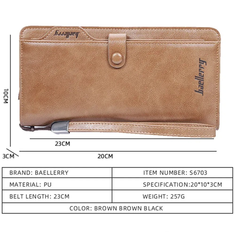 Color: Brown - 2024 Baellerry Men Long Fashion Wallets Desigh Zipper Card Holder Leather Purse Solid Coin Pocket High Quality Male Purse