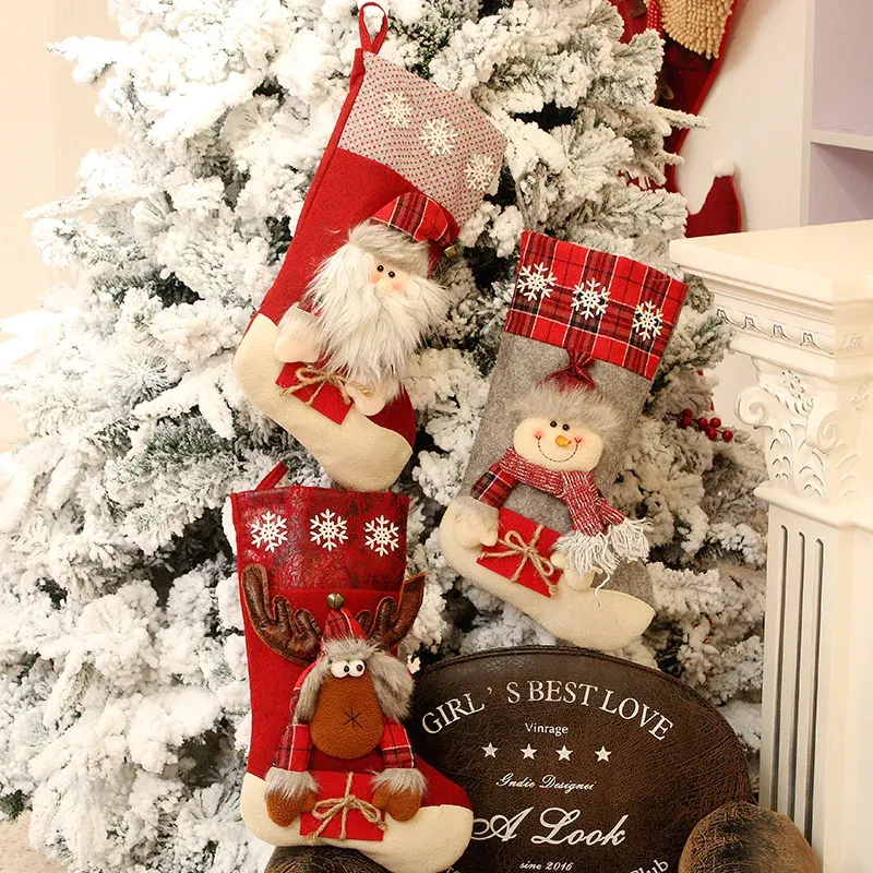Color: Olive - 1pc Christmas Santa & Snowman & Reindeer Stocking Ornament, Christmas Stocking Hanging Pendant