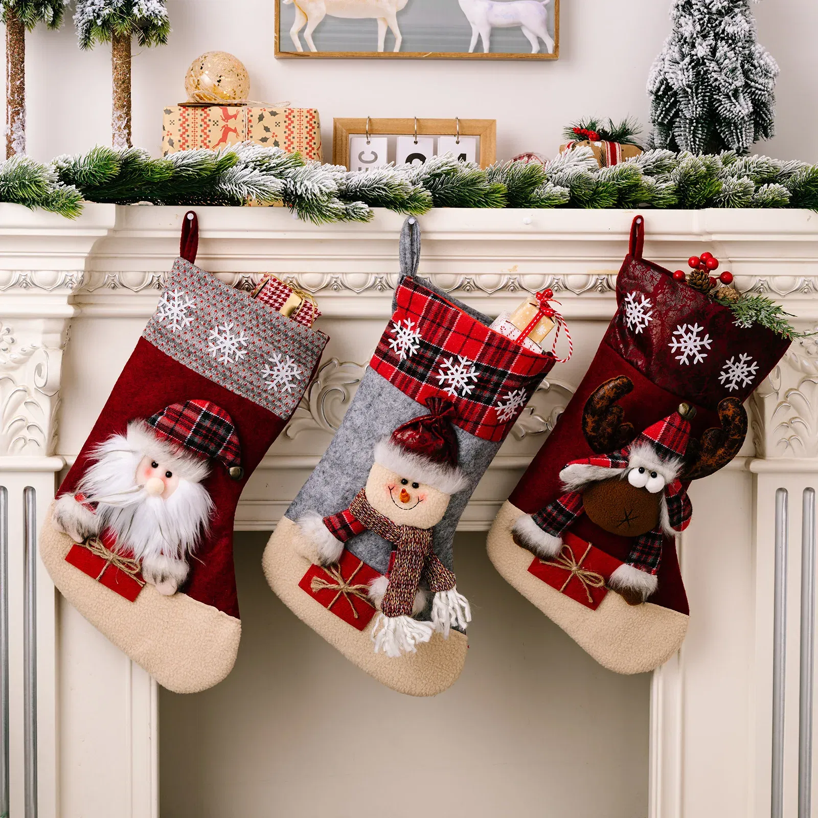 Color: Olive - 1pc Christmas Santa & Snowman & Reindeer Stocking Ornament, Christmas Stocking Hanging Pendant