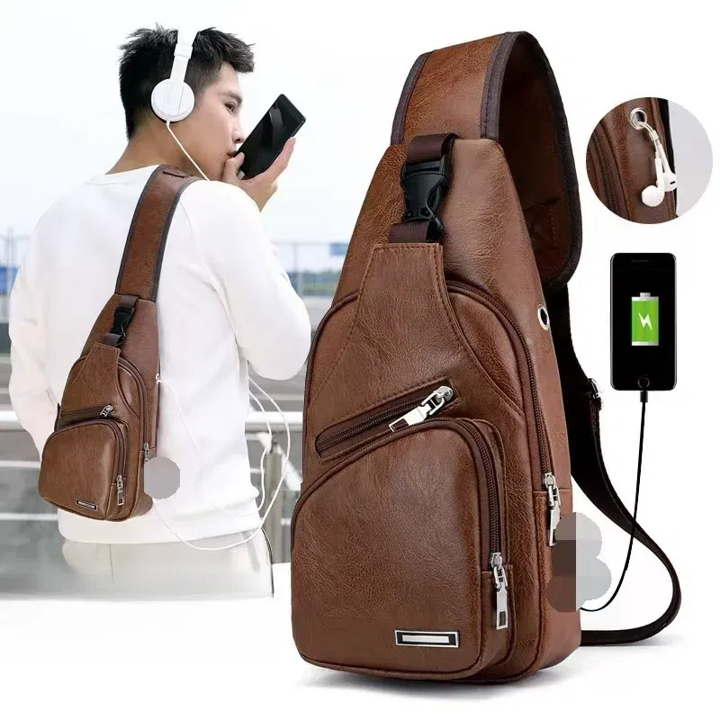 Color: black - Fashion Men Chest Bag USB Charging Leisure PU Leather Crossbody Bag For Men Single Strap Anti-theft Chest Bag With Headset Hole