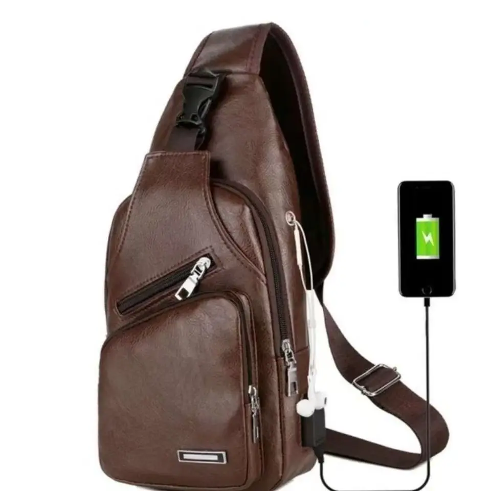 Color: black - Fashion Men Chest Bag USB Charging Leisure PU Leather Crossbody Bag For Men Single Strap Anti-theft Chest Bag With Headset Hole