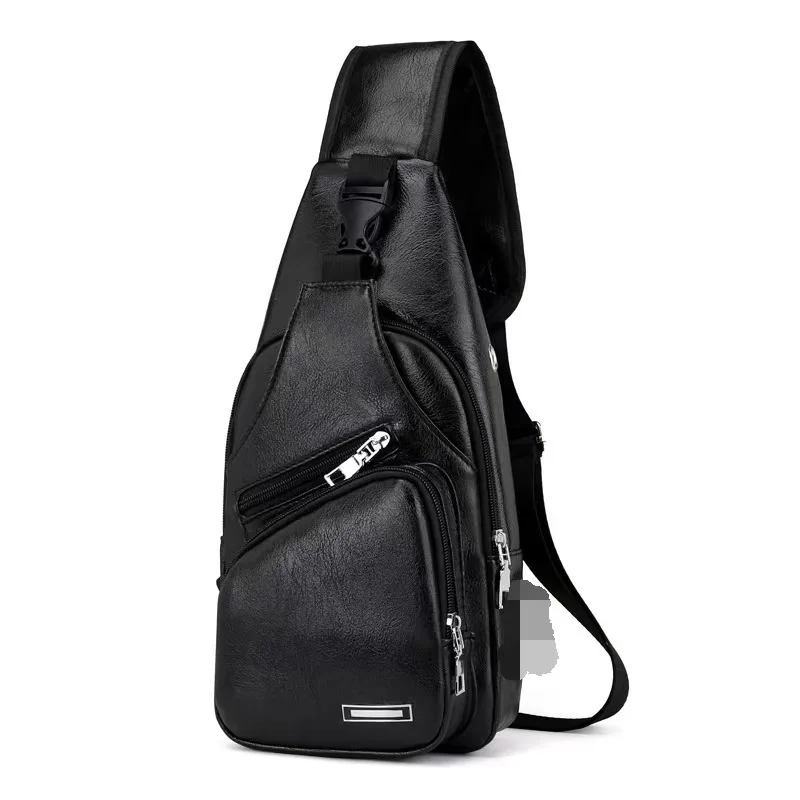 Color: black - Fashion Men Chest Bag USB Charging Leisure PU Leather Crossbody Bag For Men Single Strap Anti-theft Chest Bag With Headset Hole