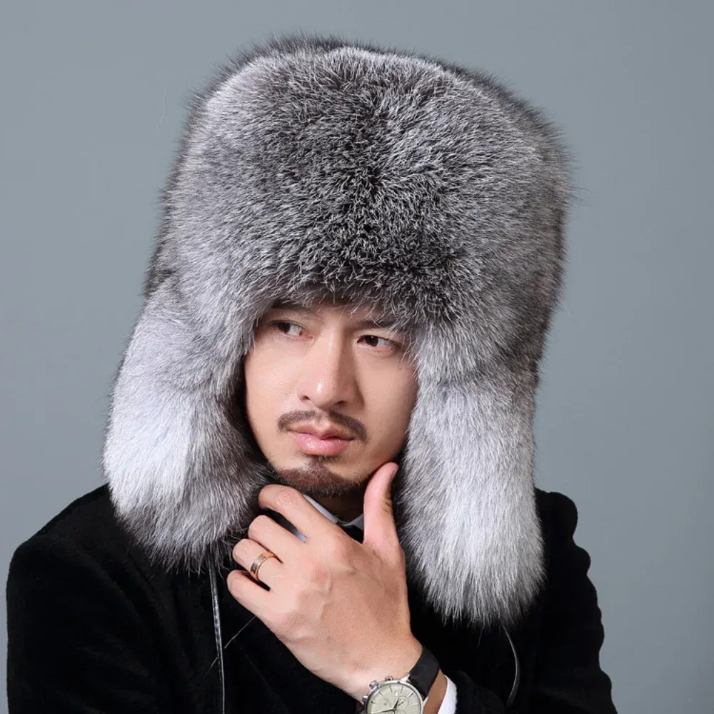Color: SKY BLUE, Hat Size: 60/61, Ships From: CHINA - Men Real Fur Beanies Hat Mongolian Hat Unique Process Fox Tail Design Luxury Winter Warm Hats For Fashion Men Bomber Hat