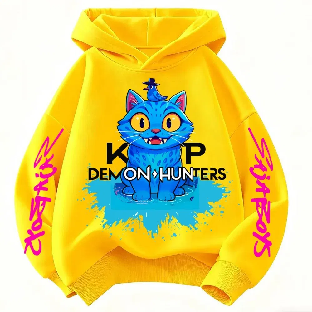 Color: Yellow, Kid Size: 5 - 2025 New Saja Boys Derpy KPop Demon Hunter Cartoon Boy Hooded Sweatshirt Warm Wave Fashion Casual Tops Casual Black Clothing