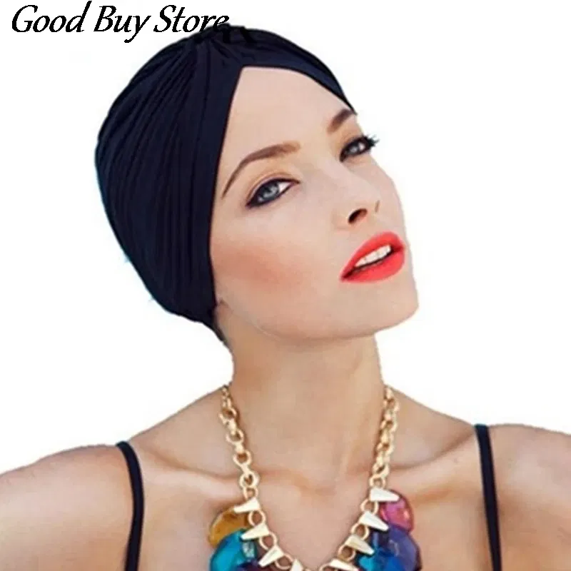 Color: black - Solid Color Turban Hat Women Muslim Stretch Hijabs Hats Islamic Underscarf Head Wrap Cap Female Plain Headwear Headband Soft