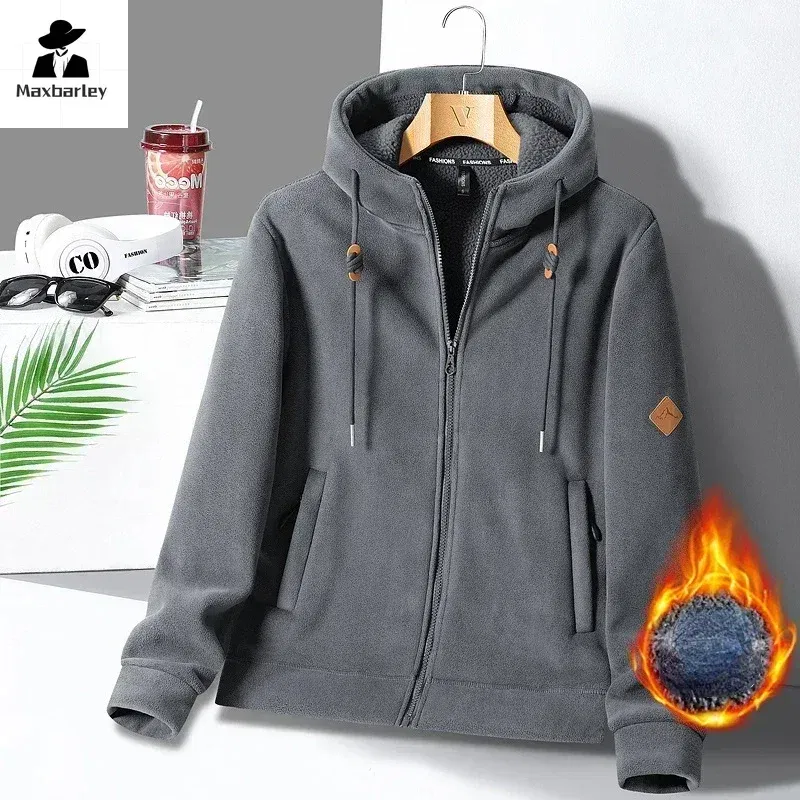Color: GRAY, Size: L - Winter Warm Cashmere Jacket Mens High-end Ski Fleece Iined Thickened Hoodie Coat Casual Womens Outdoor Camping Cold-proof Jacket
