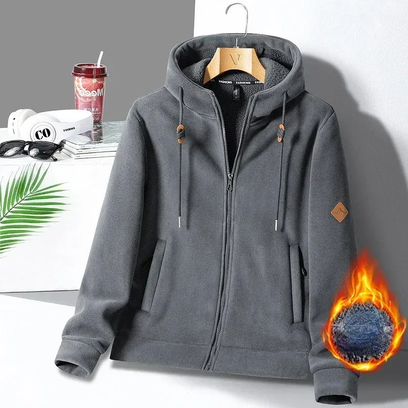 Color: GRAY, Size: L - Winter Warm Cashmere Jacket Mens High-end Ski Fleece Iined Thickened Hoodie Coat Casual Womens Outdoor Camping Cold-proof Jacket
