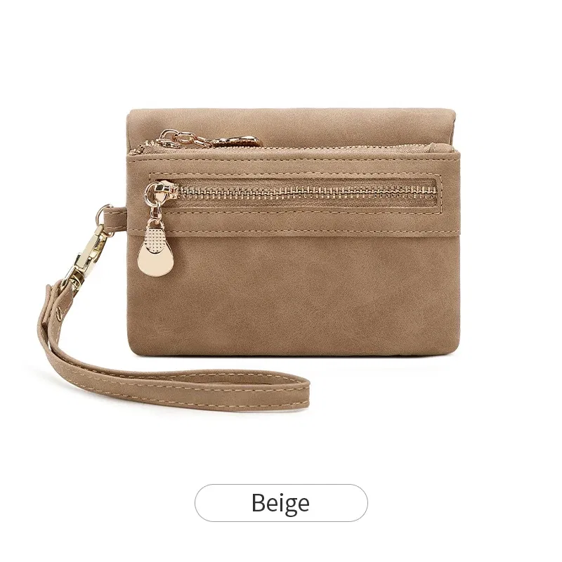 Color: Ivory - Retro foldingzipper wallet high-quality PUleather portablemultifunctional women's walletfashionable withID card window wrist bag