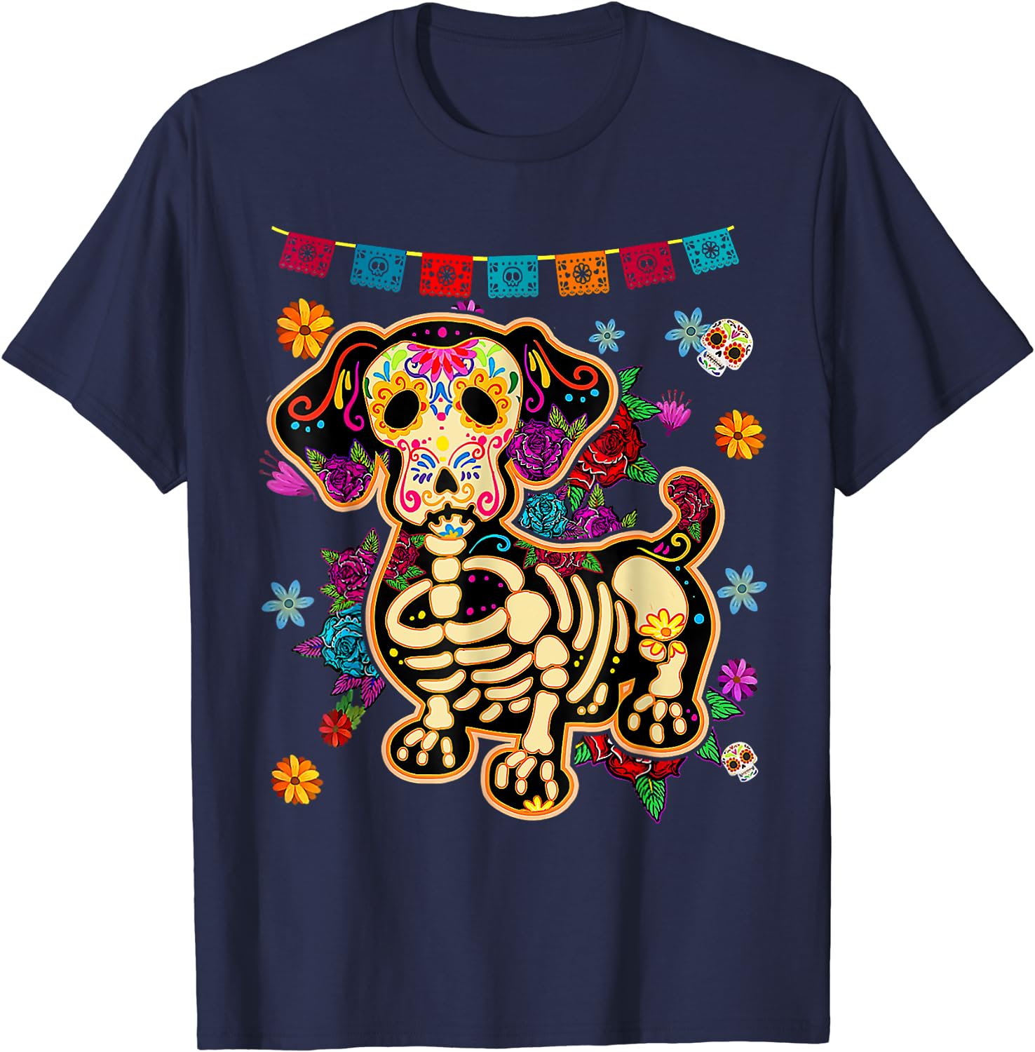 Color: black, Size: S - Sugar Skull Mexican Dachshund Bone Halloween Day of Dead T-Shirt Casual Cotton Four Seasons Graphic T Shirts Funny T Shirts
