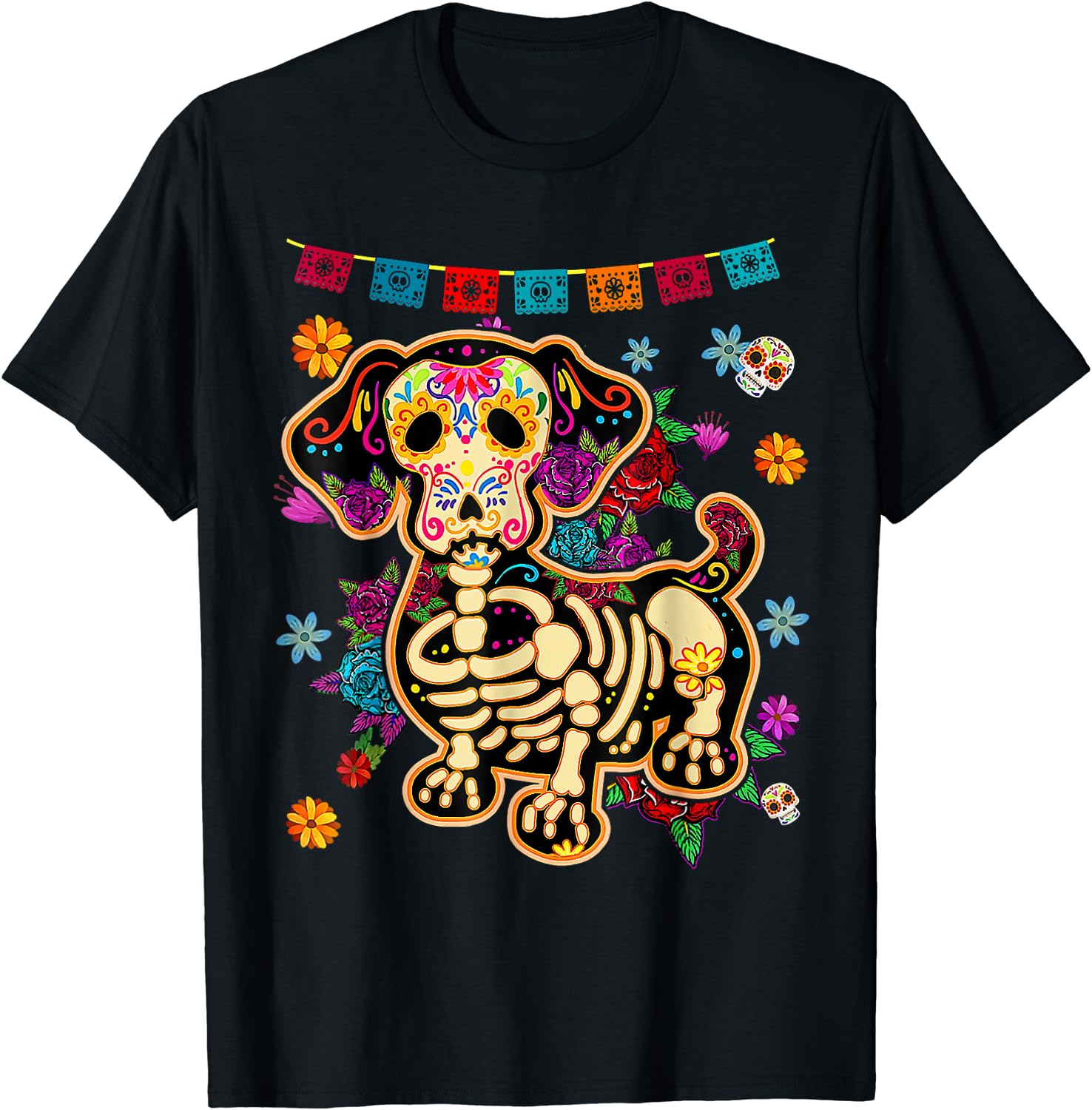 Color: black, Size: S - Sugar Skull Mexican Dachshund Bone Halloween Day of Dead T-Shirt Casual Cotton Four Seasons Graphic T Shirts Funny T Shirts