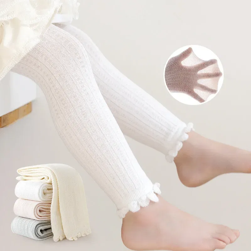 Color: WHITE, Size: 128, Ships From: CHINA - Summer Spring Mesh Baby Girls Stretch Leggings Cotton Solid Ruffle Edge Toddler Kids Pants