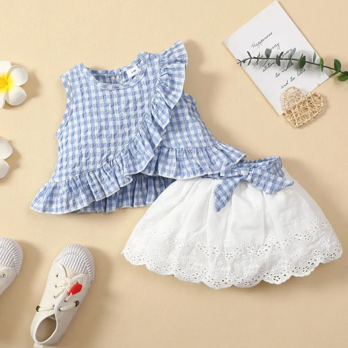 Kid Size: 9M, Color: Blue - Charming Girls' Summer Ensemble: Sleeveless Plaid Ruffle Top & Lace Hem Skirt - Comfy, Durable & Stylish